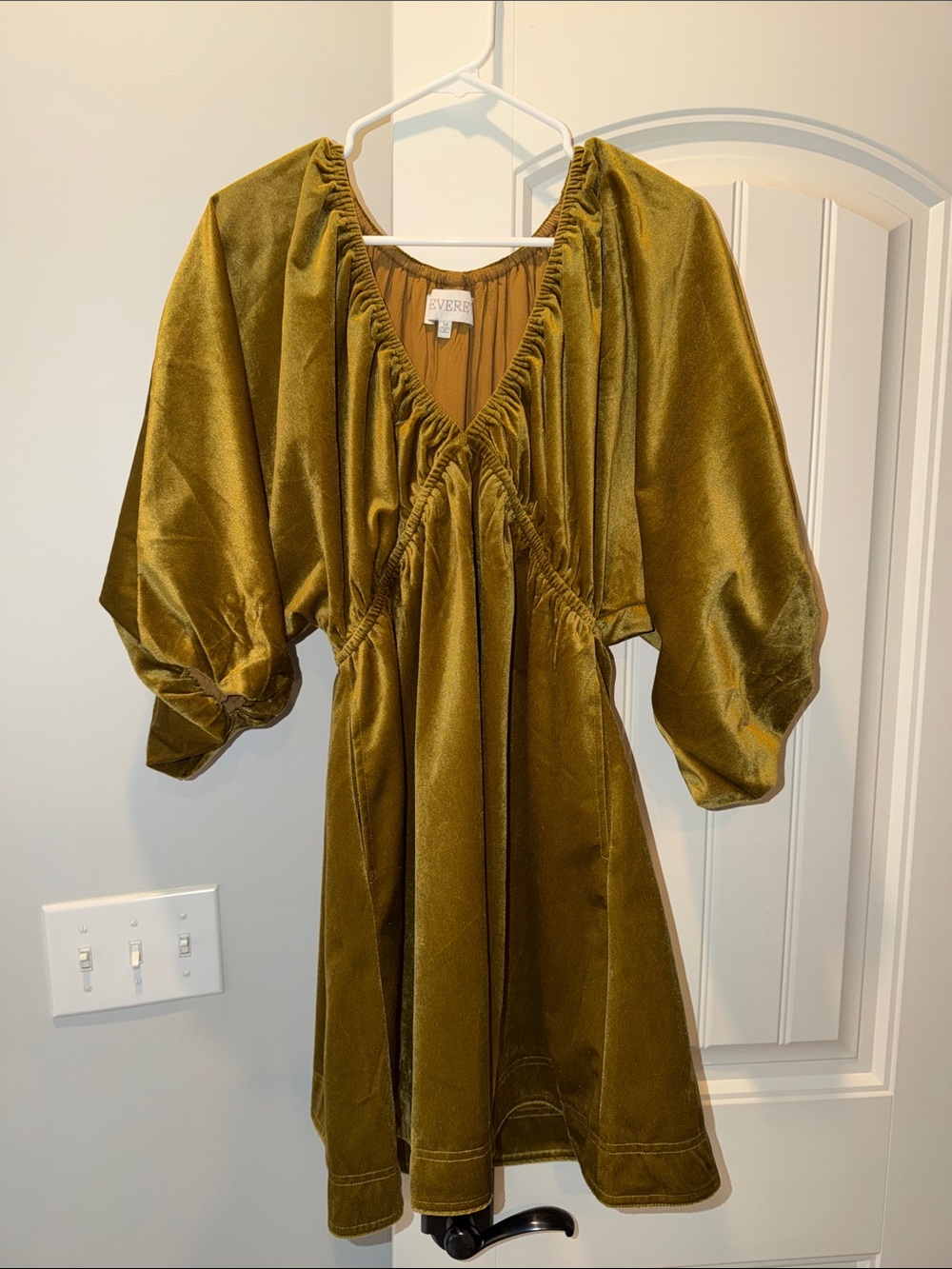 Olive Green Velvet Mini Dress with Balloon Sleeves
